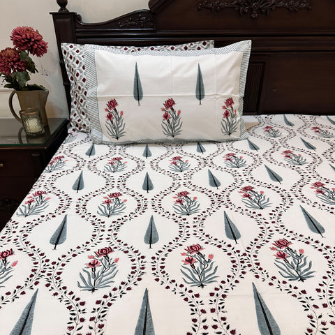 Zinnia Cypress Jaal Block Printed Bedsheet