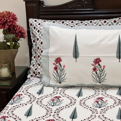 Zinnia Cypress Jaal Block Printed Bedsheet