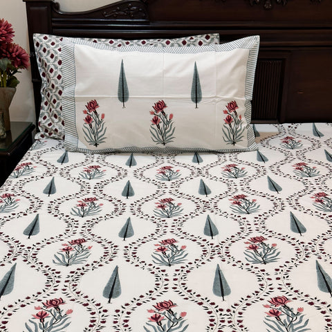 Zinnia Cypress Jaal Block Printed Bedsheet