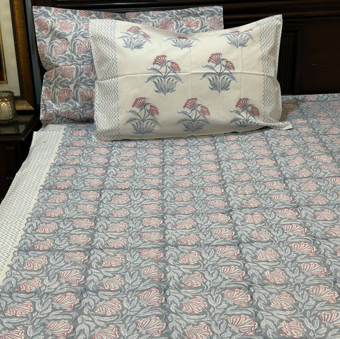 Smoky Petal Symphony Block Printed Bedsheet