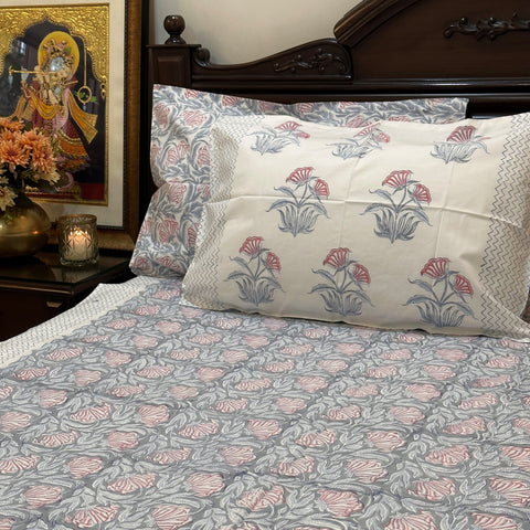 Smoky Petal Symphony Block Printed Bedsheet