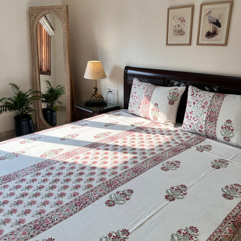 Ruby Orchard Slub Cotton Block Printed Bedcover