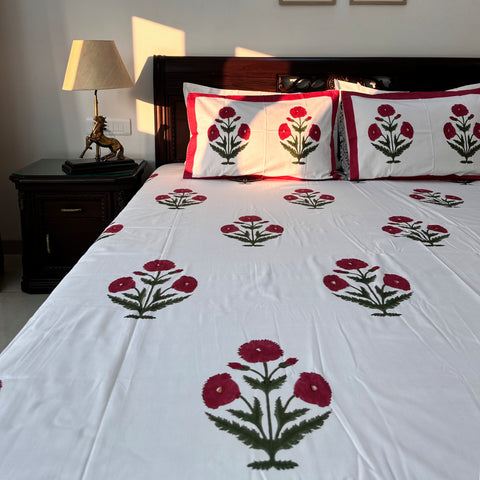 Poppy Passion Block Printed Bedsheet  500TC