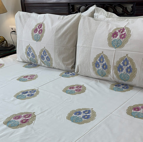 Pastel Petal Elegance Block Printed Bedsheet