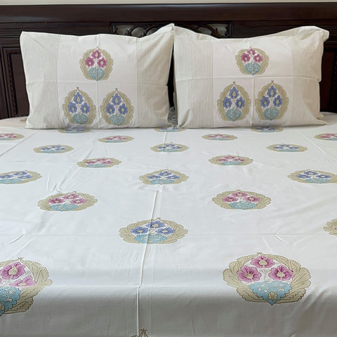 Pastel Petal Elegance Block Printed Bedsheet