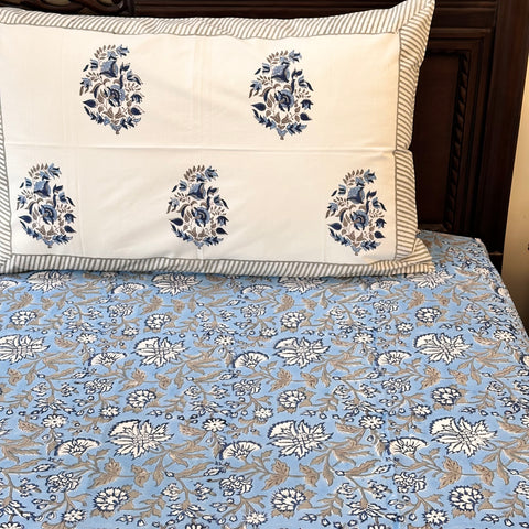 Blue Floral Symphony Gadh Block Printed Bedsheet