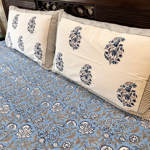 Blue Floral Symphony Gadh Block Printed Bedsheet