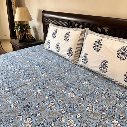 Blue Floral Symphony Gadh Block Printed Bedsheet