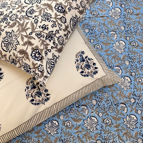 Blue Floral Symphony Gadh Block Printed Bedsheet