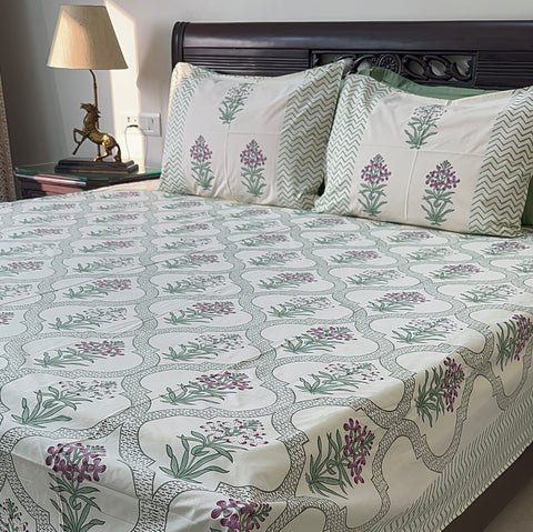 Valley Of Flowers Block Printed Bedsheet Cream Base