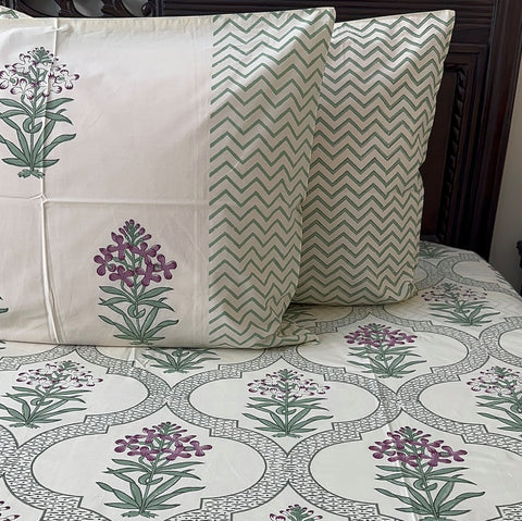 Valley Of Flowers Block Printed Bedsheet Cream Base