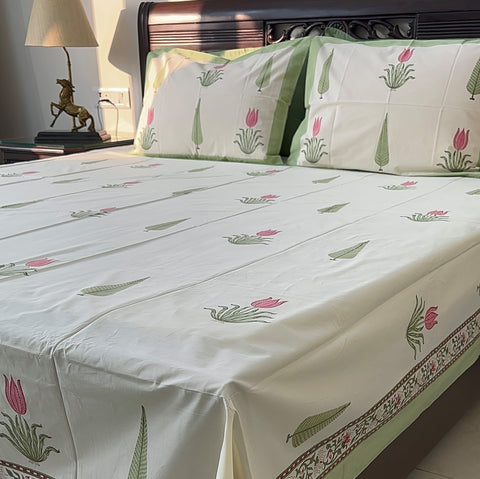 Vivid Tulip Bliss Block Printed Bedsheet Cream Base