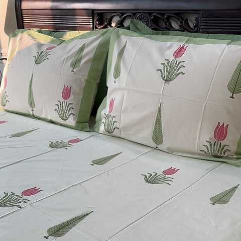 Vivid Tulip Bliss Block Printed Bedsheet Cream Base