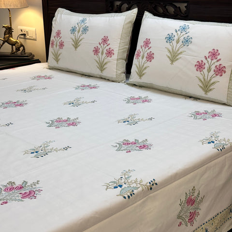 Eternal Bloom Block Printed Bedsheet