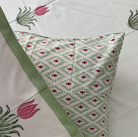 Vivid Tulip Bliss Block Printed Bedsheet Cream Base