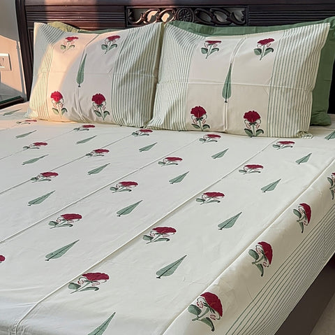 Cherry Blossom Burst Block Printed Bedsheet Cream Base