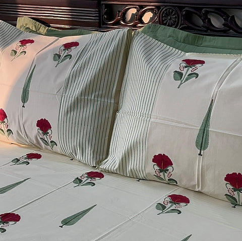 Cherry Blossom Burst Block Printed Bedsheet Cream Base