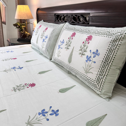 Mint Meadow Block Printed Bedsheet