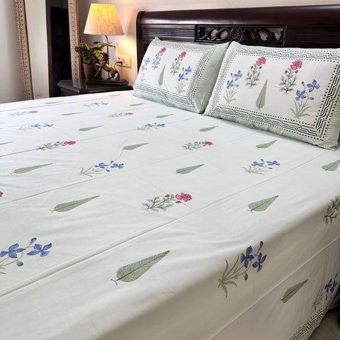 Mint Meadow Block Printed Bedsheet