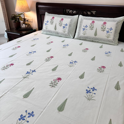 Mint Meadow Block Printed Bedsheet