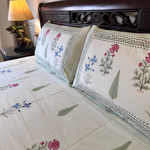 Mint Meadow Block Printed Bedsheet