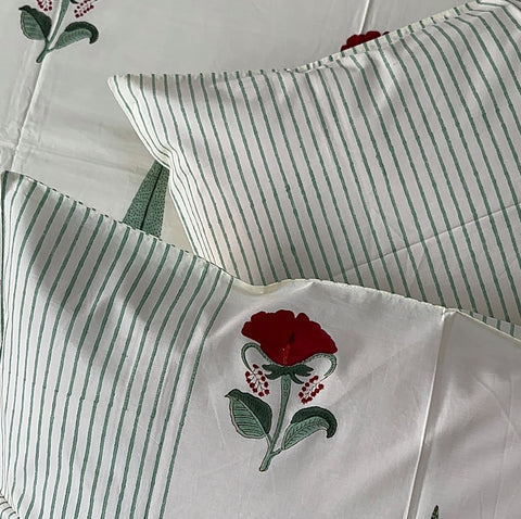 Cherry Blossom Burst Block Printed Bedsheet Cream Base