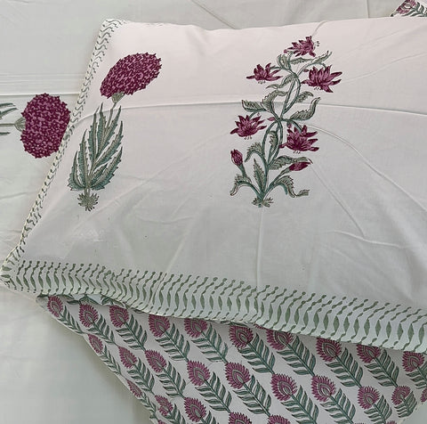 Deep Crimson Hydrangeas Block Printed Bedsheet Cream Base