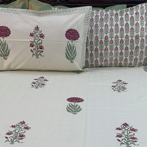 Deep Crimson Hydrangeas Block Printed Bedsheet Cream Base