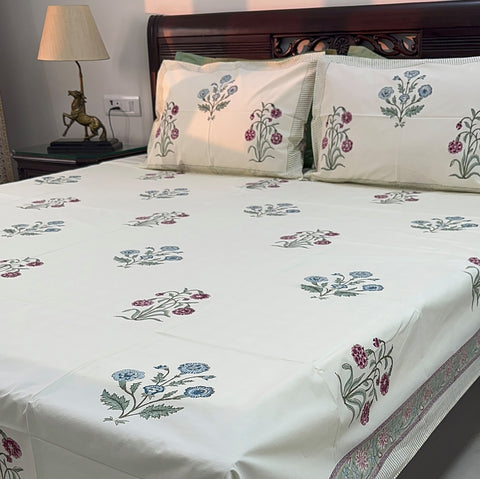 Floral Pendants Block Printed Bedsheet Cream Base