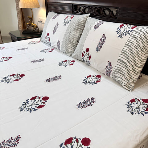 Scarlet Serenity Block Printed Bedsheet 500TC