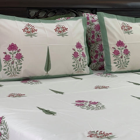 Mystic Pink Lotus Mesh Block Printed Bedsheet 400TC Set of 5