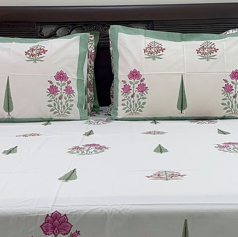 Mystic Pink Lotus Mesh Block Printed Bedsheet 400TC Set of 5