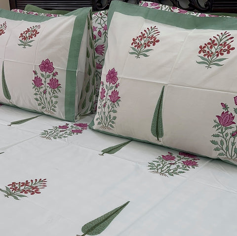 Mystic Pink Lotus Mesh Block Printed Bedsheet 400TC Set of 5