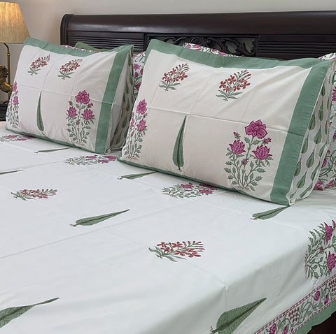 Mystic Pink Lotus Mesh Block Printed Bedsheet 400TC Set of 5