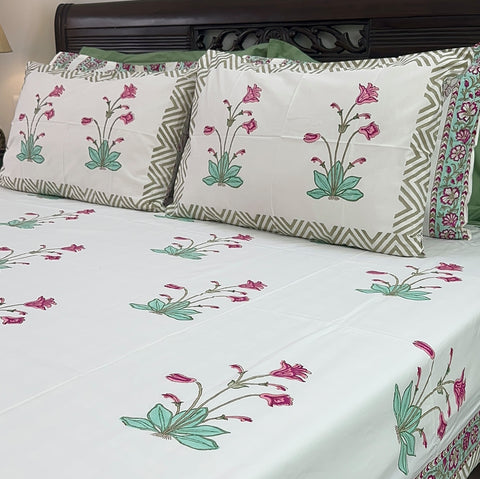 Mystic Petal Lullaby Block Printed Bedsheet 400TC Set of 5