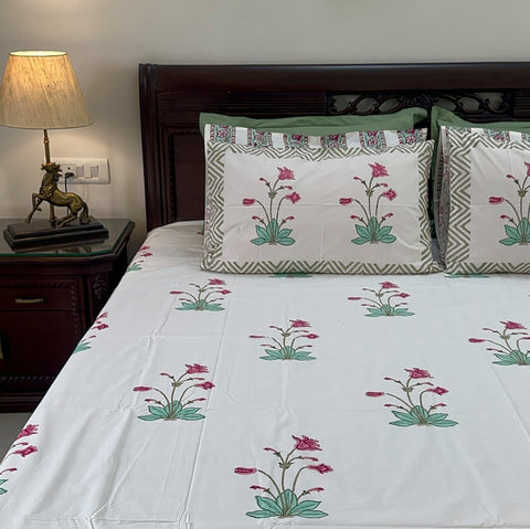 Mystic Petal Lullaby Block Printed Bedsheet 400TC Set of 5