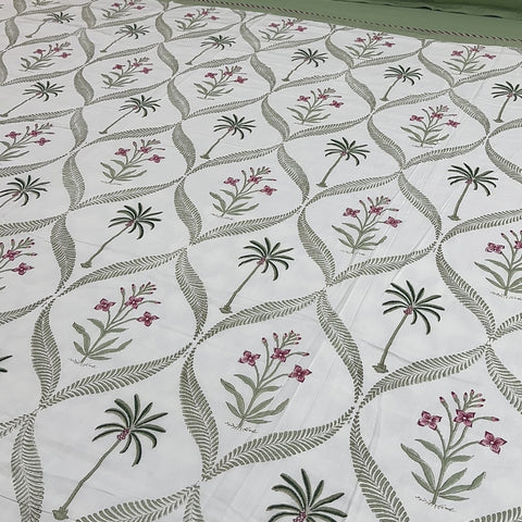 Lush Green Palms Block Printed Double Bed Dohar