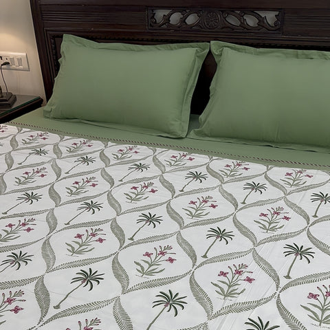 Lush Green Palms Block Printed Double Bed Dohar