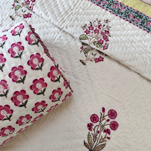 Pink Fluttering Floral Hand Block Printed Single-Bed Quilt