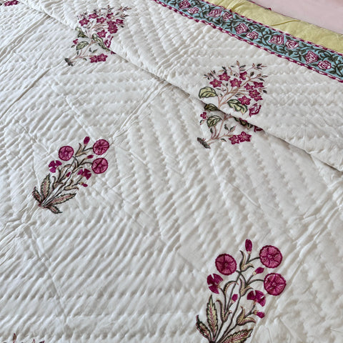 Pink Fluttering Floral Hand Block Printed Single-Bed Quilt