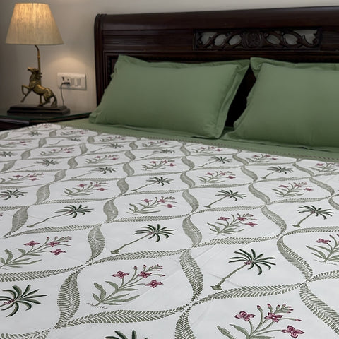 Lush Green Palms Block Printed Double Bed Dohar