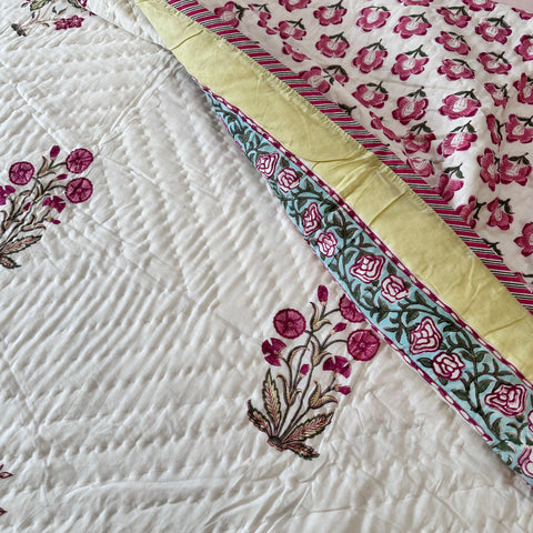 Pink Fluttering Floral Hand Block Printed Single-Bed Quilt