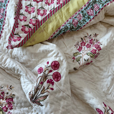 Pink Fluttering Floral Hand Block Printed Single-Bed Quilt