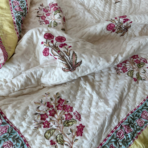 Pink Fluttering Floral Hand Block Printed Single-Bed Quilt