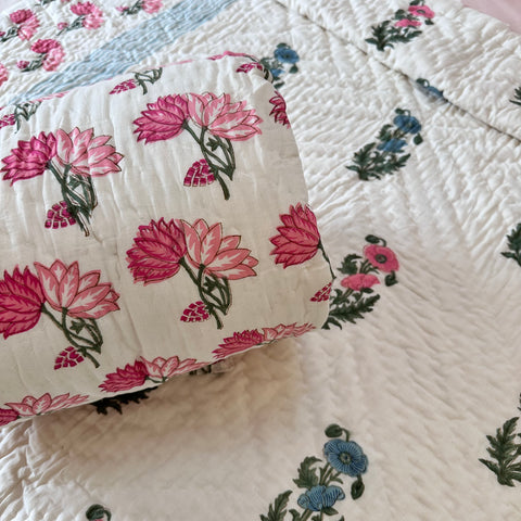 Sweet Pink Essence Hand Block Printed Single-Bed Quilt