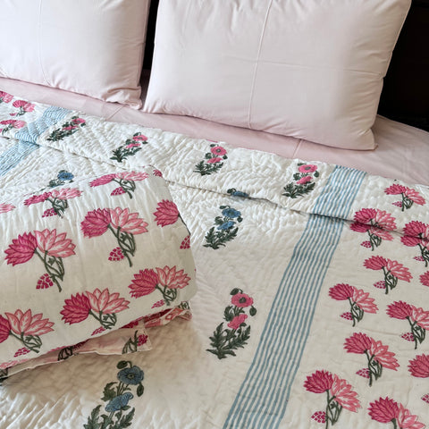 Sweet Pink Essence Hand Block Printed Single-Bed Quilt