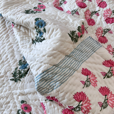 Sweet Pink Essence Hand Block Printed Single-Bed Quilt