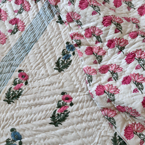 Sweet Pink Essence Hand Block Printed Single-Bed Quilt