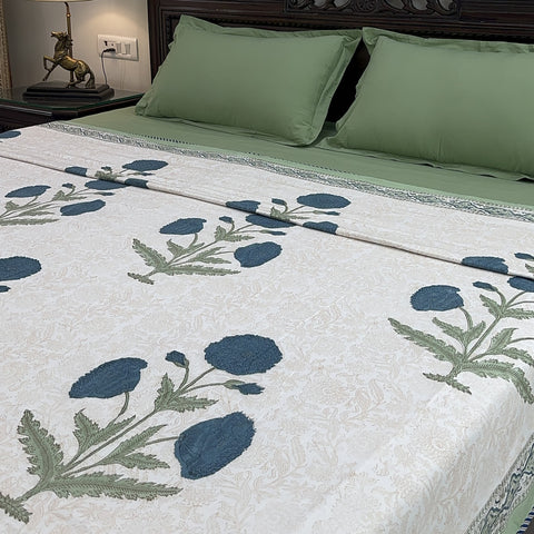 Blue Poppy Passion Block Printed Double Bed Dohar