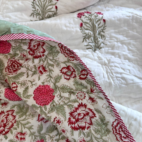 Pink Blossom Field Double Bed Hand Block Printed Quilt